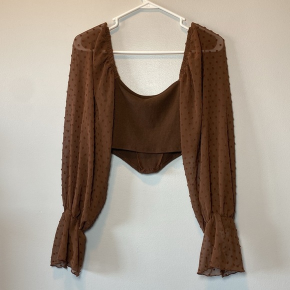 Urban Outfitters Puff Sleeve Blouse Women’s XS Chocolate Brown Cropped Boho Top - Picture 12 of 17
